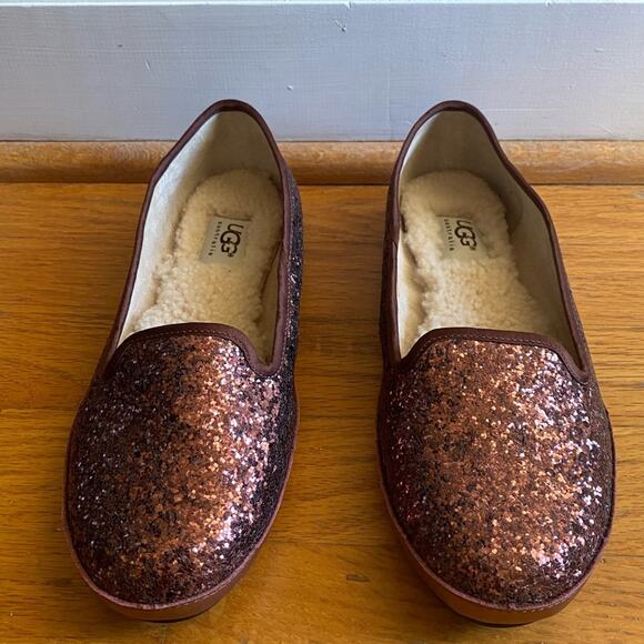 UGG Australia | Alloway Glitter Flats Loafers Slip-on Chocolate Red Size 6.5 - Picture 3 of 10